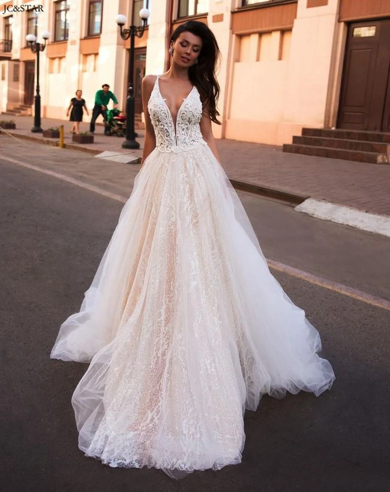 Robe de mariee, глубокий v-образный вырез, без рукавов, с кружевной аппликацией, свадебные платья, сексуальное, с открытой спиной, со шлейфом, ТРАПЕЦИЕВИДНОЕ, Пляжное свадебное платье
