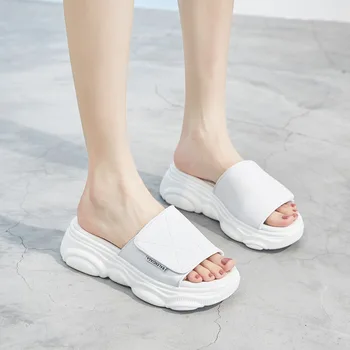 

CINESSD Genuine Leather Solid Beach Summer Slippers Women Shoes Home Slippers Female Heels Women Sandals 2020 Chaussure Femme 40