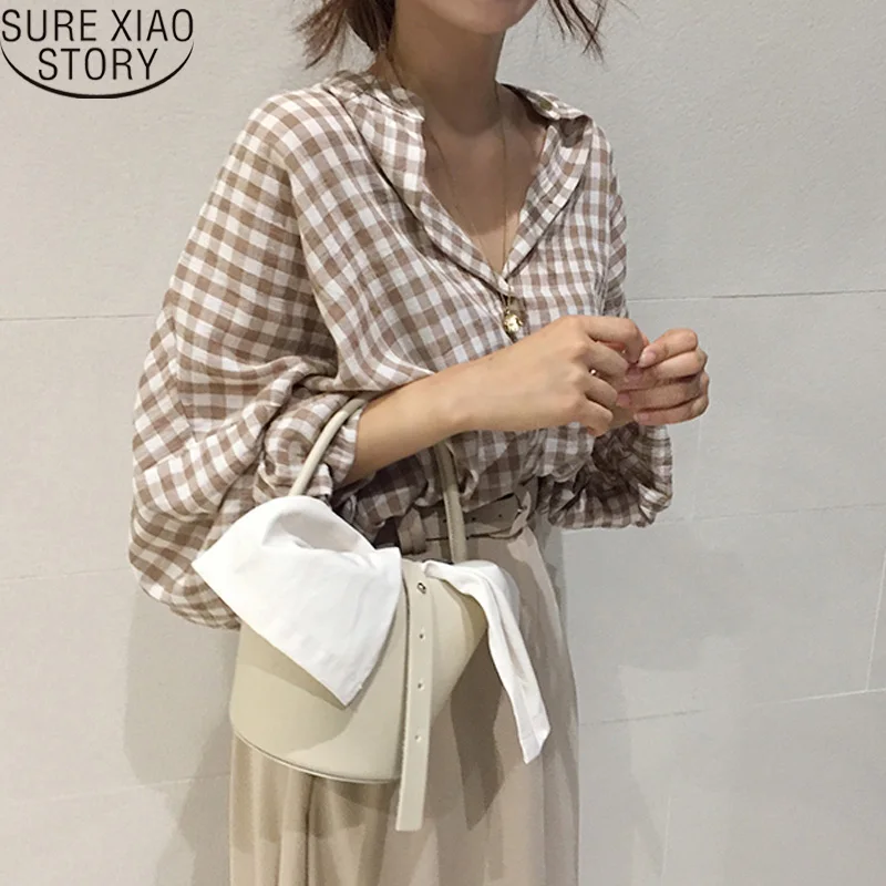 

Sexy V Neck Long Sleeve Tops Blouse Female Casual plaid Shirt women korean fashion clothing Autumn Plus Size blusas 6007 50
