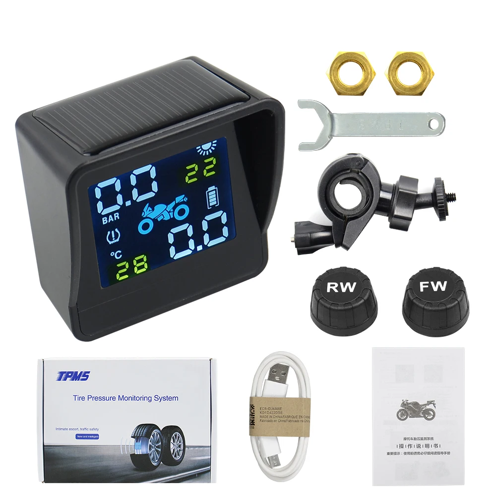 Motorcycle Tire Pressure Monitor USB Solar Charging Motorcycle TPMS Motor Tire Pressure Tyre Temperature Monitoring Alarm System with 2 External