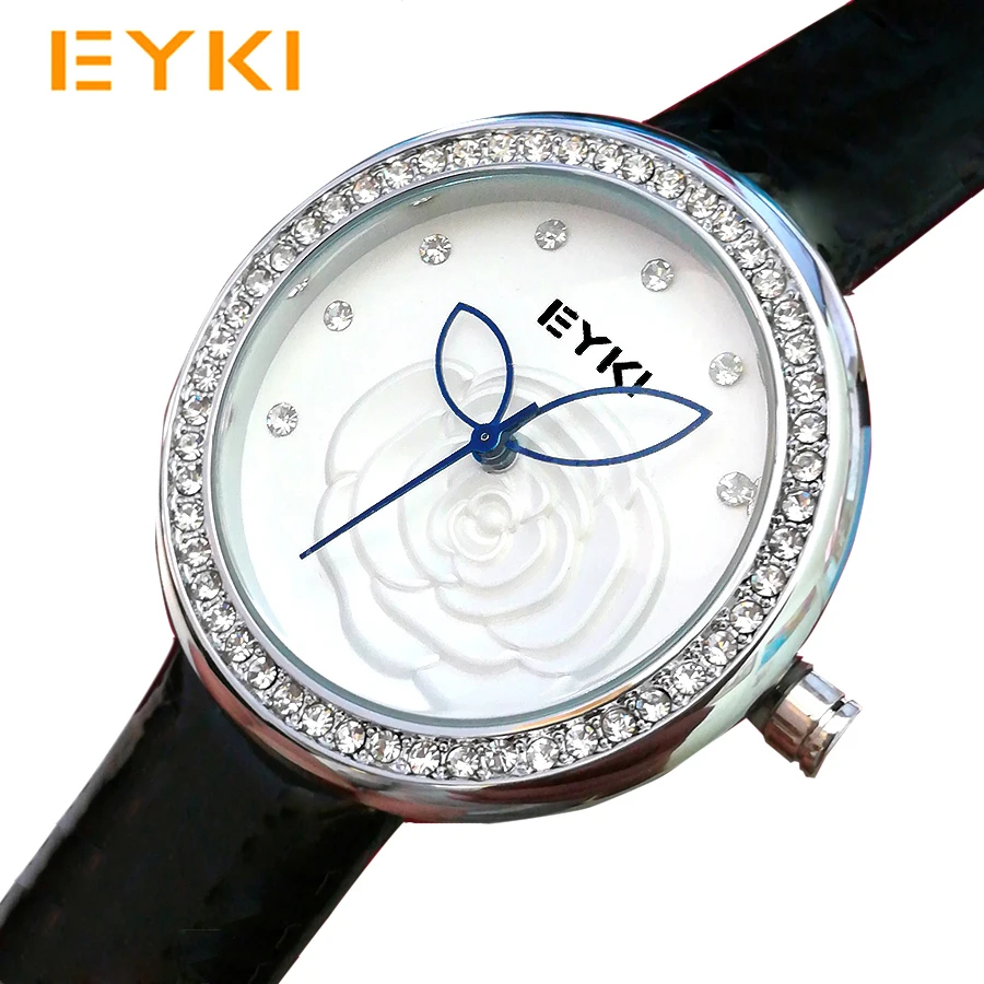 

Eyki Brand Woman Genuine Leather Quartz Watches Relief Flowers Ladies Black White Dress Wrist Watch For Women Relogio Feminino