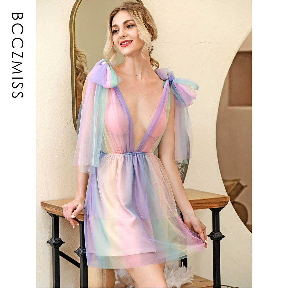 

Dresses For Women V-Neck Sexy Backless Mesh Puffy Deep Sundress Rainbow Sweet Bow strap Christmas 2020 Mini Vestidos BCCZMISS