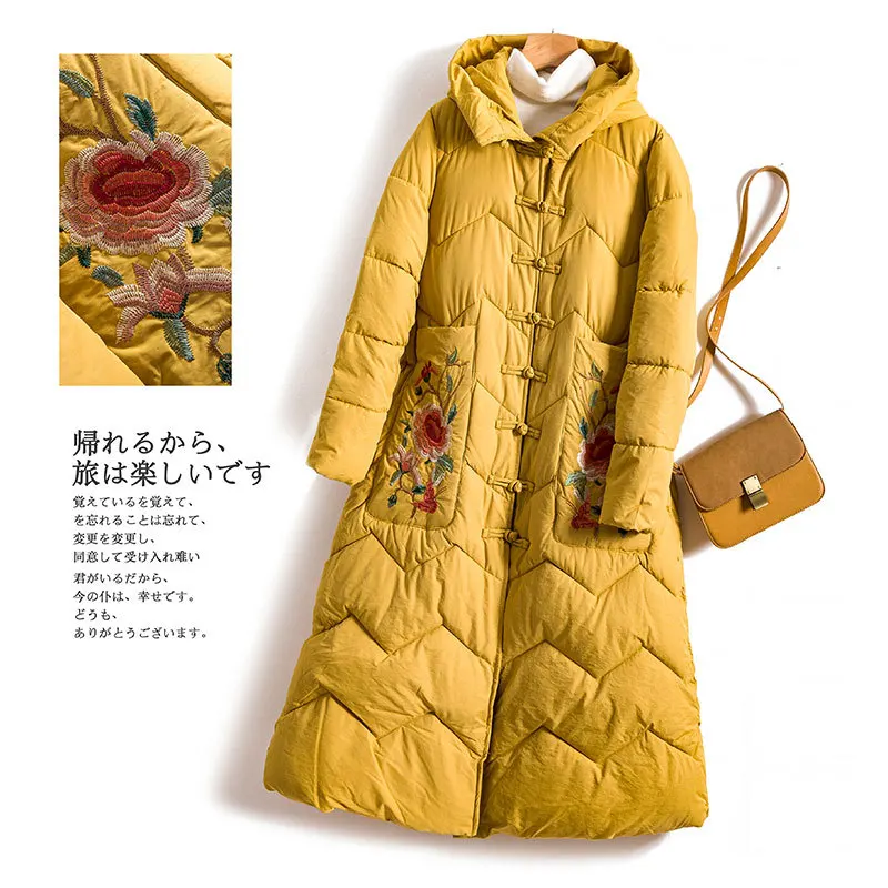 

2019 Winter New Style Retro Chinese-style Long Embroidered Hooded Long Cotton Overcoat 3603
