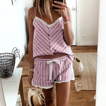 

Womens Stripe Short Pajamas Set Sleeveless Camisole Shorts Set Plus Size Summer Nightwear Sleepwear