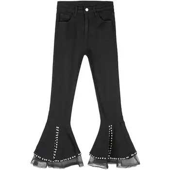 

2020 Korean Style Womens Jeans Pants bell-bottomed pants Pearls Flares Women Lace Jean Skinny Trousers