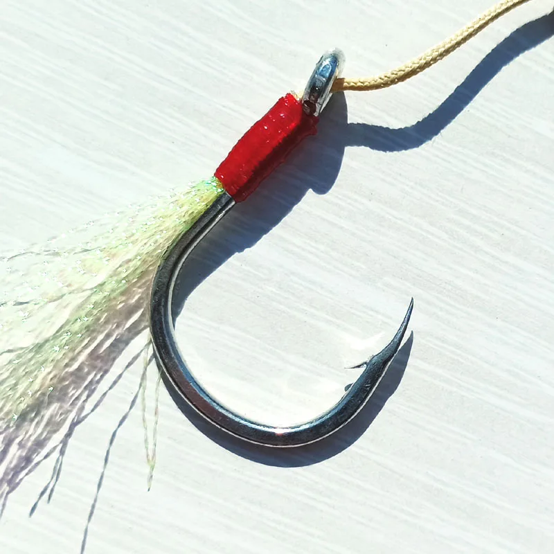 2 пары крючки mustad 3/0 5/0 7/0 Kevelar line медленный крючок с пером, двойные крючки для морской воды, вибрационный крючок