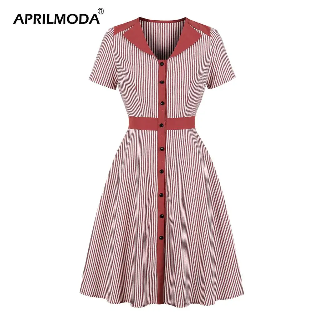

Women Red Striped Print Vintage Dress Turn-down Collar Button Short Sleeve Party Dress Elegant A Line Swing 50s Dress Vestidos