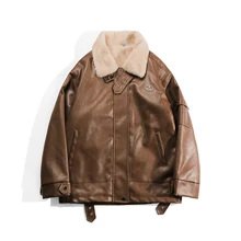 Мужские Куртки из искусственной кожи, мужские Свободные флисовые Толстые Куртки из искусственной кожи, зимняя мотоциклетная одежда с меховым воротником, кожаная куртка