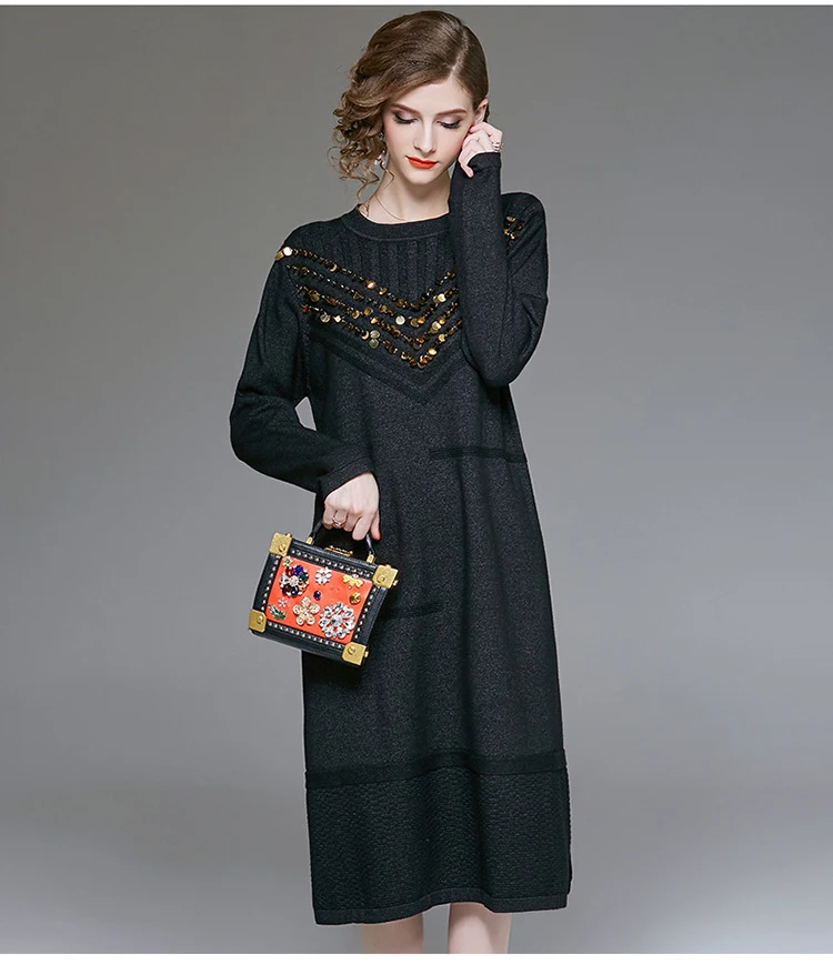 VERDEJULIAY Runway Women Knitted Dress Luxury Autumn Winter High Quality Full Sleeve Sequined Loose Long Dress Vestidos