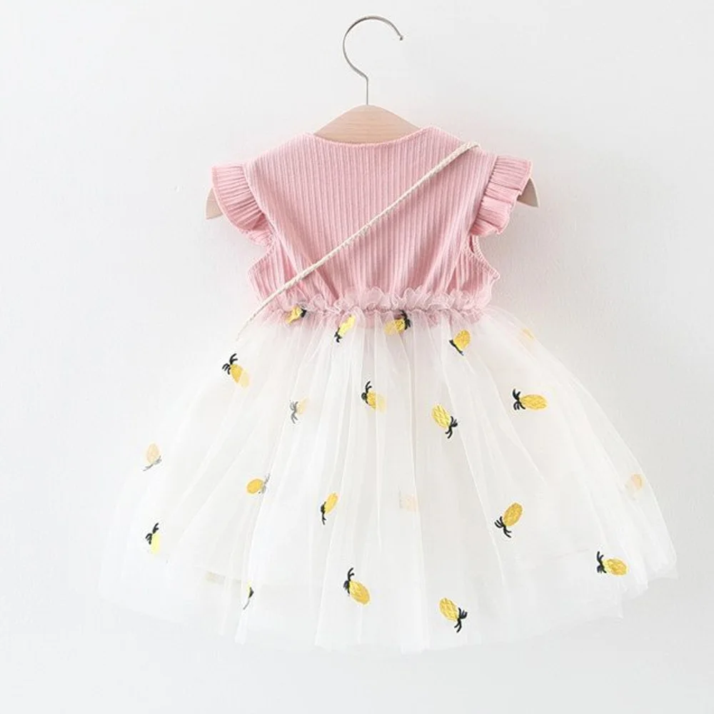Летнее платье; платье принцессы; хлопковая детская повседневная одежда; платье для маленьких девочек; аксессуары для сумок; платья с короткими рукавами для отдыха