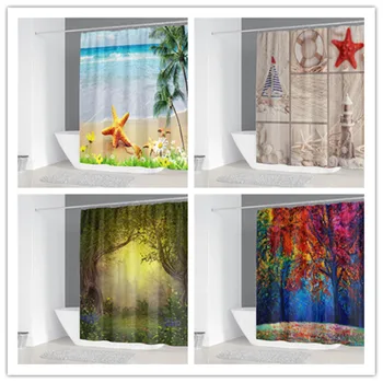 

2020 3D Clear Charming Landscape Print Waterproof Bathroom Curtain Thickened Customizable With 12 Hooks