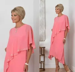Tea Length Elegant Pink Mother of the Bride Dresses Plus Size New 2021 Ruffles Simple Design Chiffon Formal Wedding Guest Dress