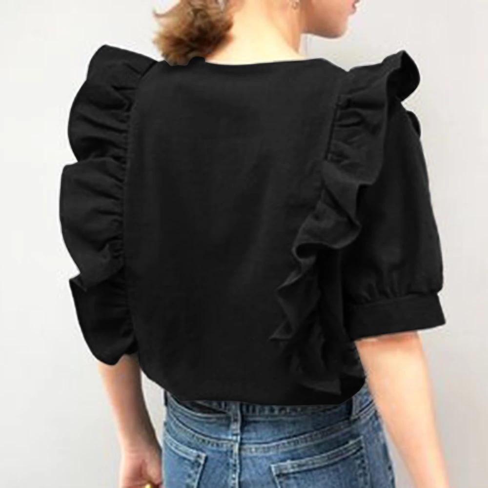 Woman Short Sleeve Ruffle Blouse Korean 
