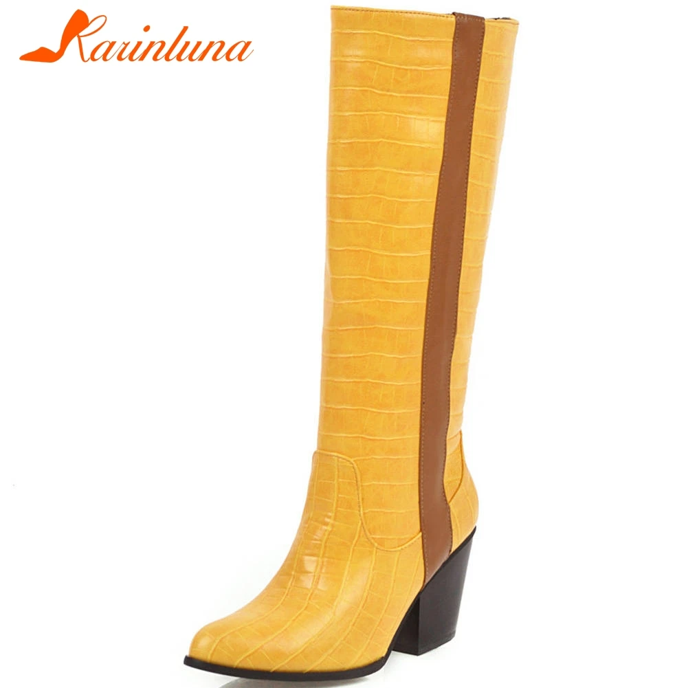 

Karinluna 2020 Hot Fashion New Large Size 43 Mid Calf Boots Woman Shoes Slip On High Heels 3 Colors Shoes Women Boots Female