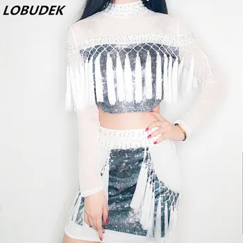 

2-Piece Silver Sequins Tassel Set Sexy Hollow Out Perspective Fringe Tops+Skirt Outfits Women Jazz Dance Costume Bar Stage Wear