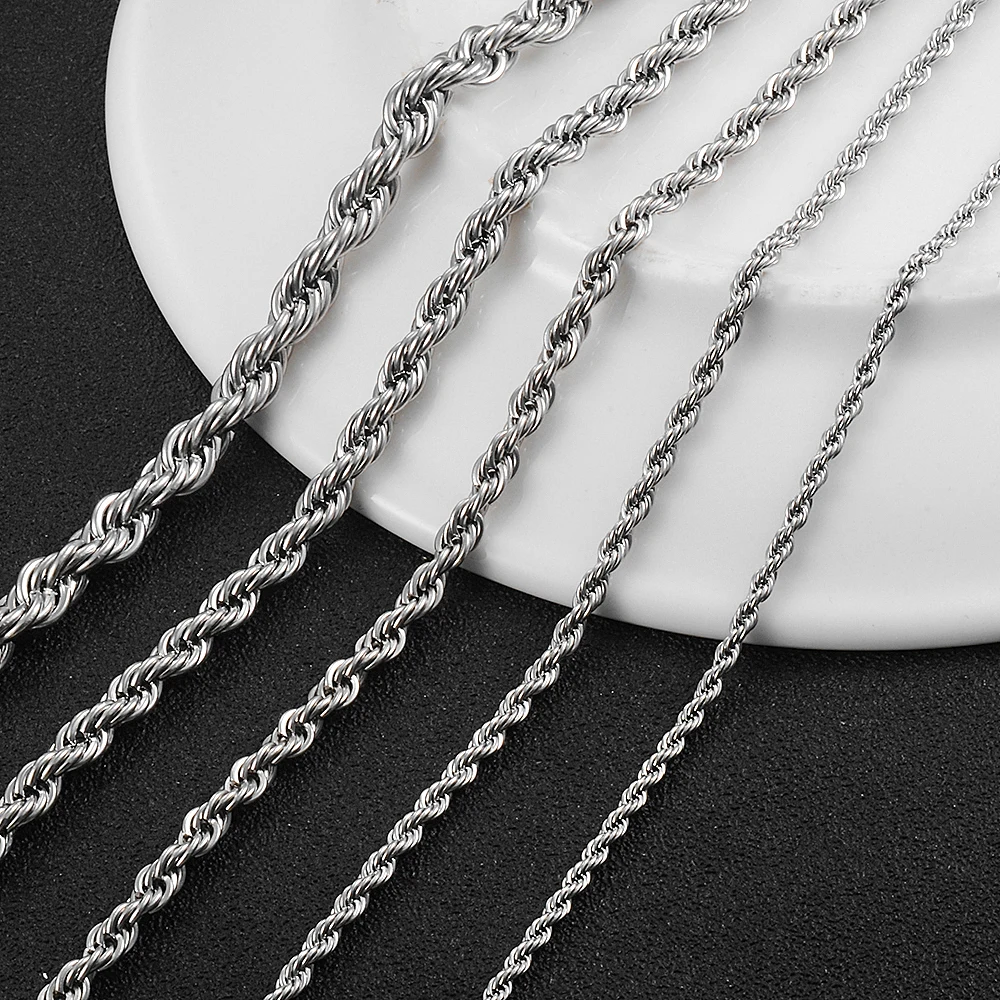 Stainless Steel Necklace 2.3mm/3mm/4mm/5mm/6mm Stainless Steel Twisted Rope Chain Silver Color Necklace for Men Women 16 to 30 Inches