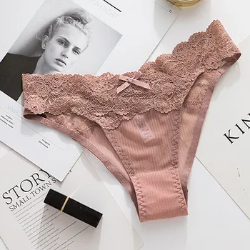 

Sexy Bow Lace Panties Women's Underpants Low Waist Briefs Transparent Mesh Sexy Underwear Femme Hollow Out Erotic Lingerie Thong