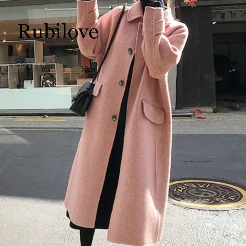 

Rubilove Fashion Solid Long Coat for Women Slim Office Lady Wool Coat and Jacket Single Breasted Women Clothes 2019