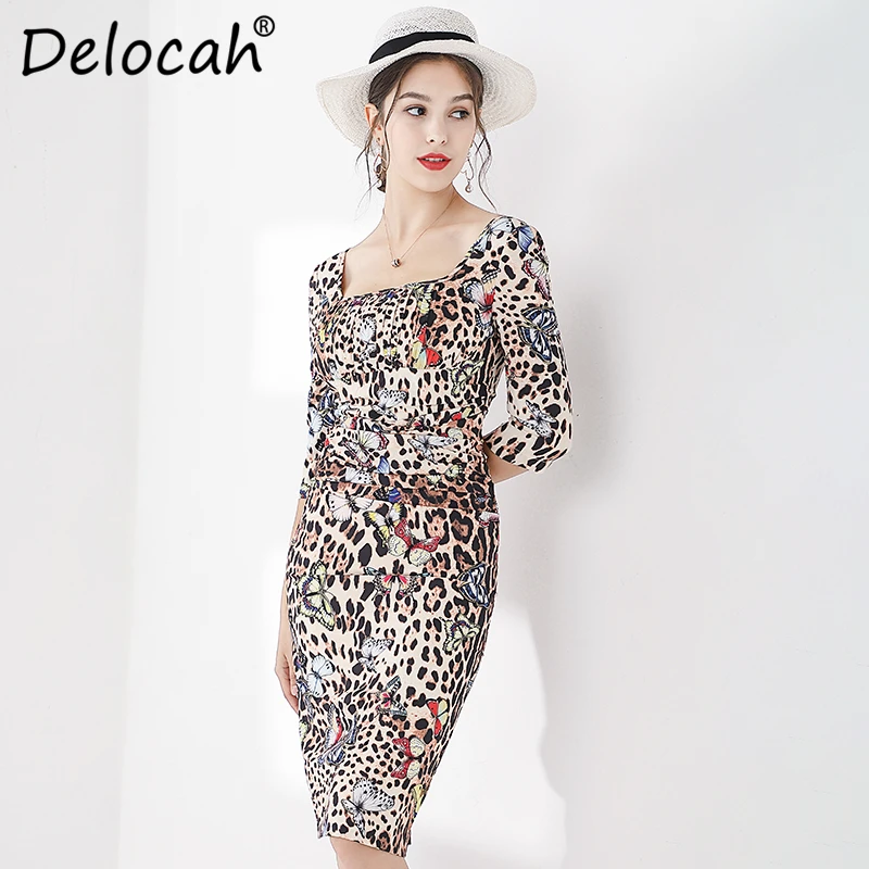 Delocah, модное осеннее сексуальное облегающее платье для подиума, женское платье с квадратным воротником и леопардовым принтом, с драпировкой, с сборкой талии, элегантные повседневные платья