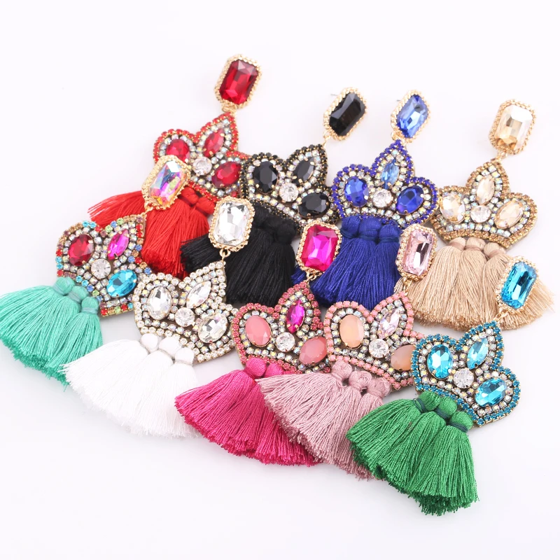 Boho Long Tassel Crystal Drop Earrings for Women