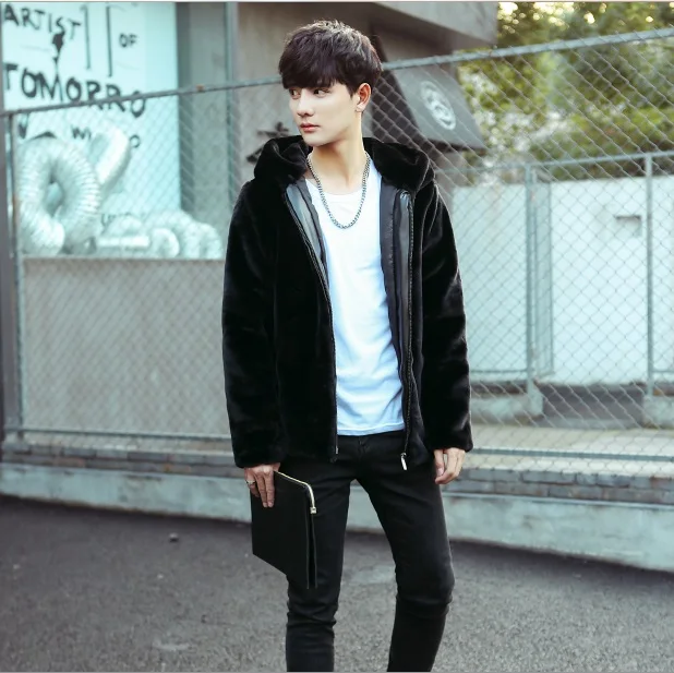 Furry Black Mens Faux Fur Coat Jackets 2019 Winter Thicken Outerwear With Hood Plus Size Fake Overcoat XL715 | Мужская одежда