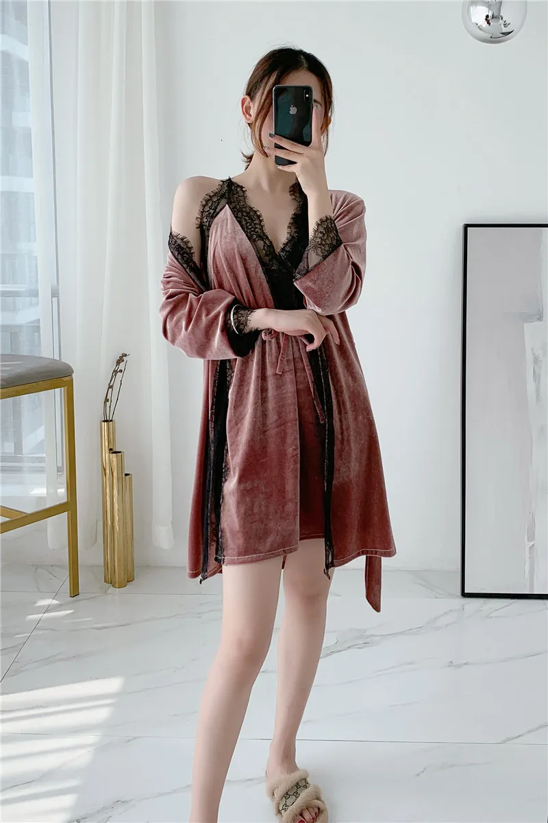 Winter New 2 Pcs Gold Velvet Robe Set Keep Warm Thicken Woman Spaghetti Strap Robe Twinset Bathrobe