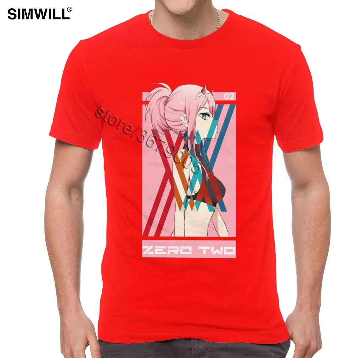 Футболка Darling In The Franxx, мужская, хлопок, Zero Two, футболки, короткий рукав, круглый вырез, модная, аниме, веер, футболка - Цвет: Красный