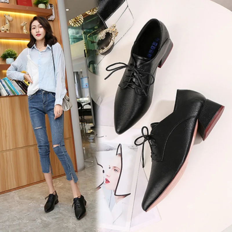 2019 г. Осенне-зимняя новая простая рабочая обувь из мягкой кожи с острым носком в