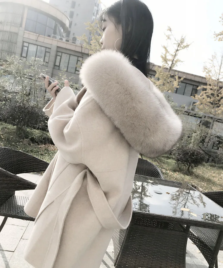 Women Wool Blend Coat fox Fur Collar Hooded jacket fashion new real fur coat long streetwear thick warm parka