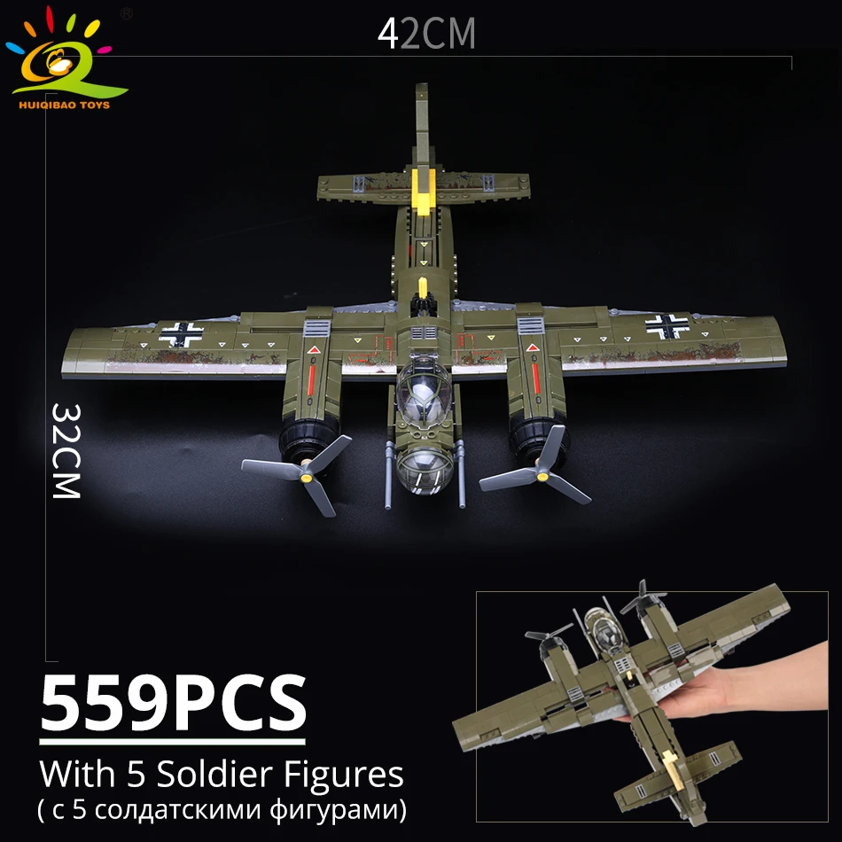 HUIQIBAO 559pcs Military Ju-88 Bombing Plane Building Block WW2 Helicopter Army Weapon Soldier Model Bricks Kit Toy for Children