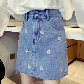 

Fashion Women Marguerite Embroidery High Waist A Line Loose Demin Mini Skirt