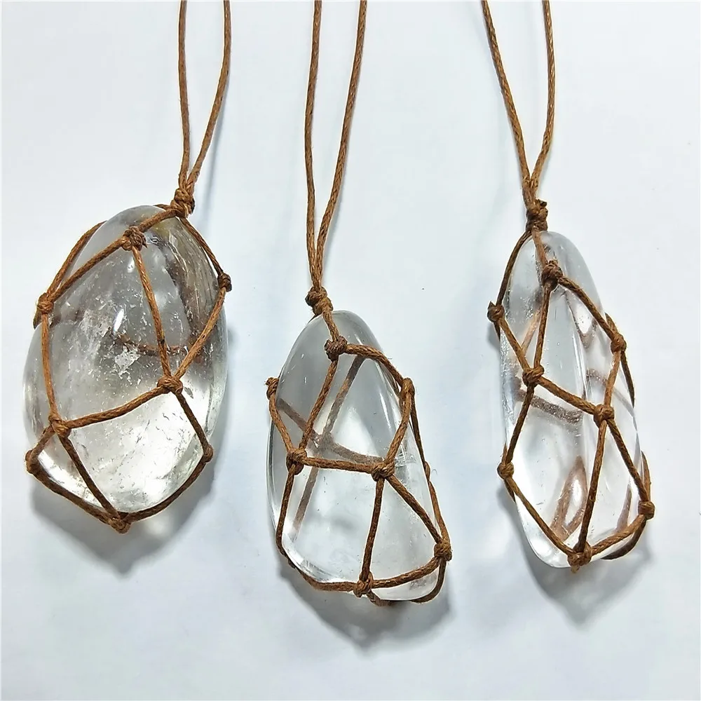 

Natural White Quartz Crystal Stone Pendant Necklace Treatment Stone Wrapped Crystal Necklace With Hand-woven Braided Rope