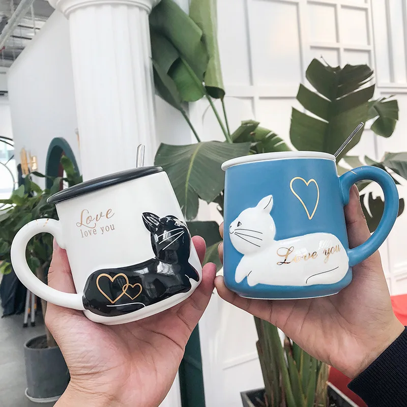

Personality Originality Relief Kitty Marc Cup Bring Cover Spoon Cartoon Lovers Ceramics Cup Literature Small Fresh Coffee Cup
