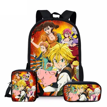 

New School Backpack Children Anime Seven Deadly Sins School Bag Set for Boys Girls 3PCS Nanatsu No Taizai Meliodas Elizabeth