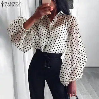 

ZANZEA Fashion Long Puff Sleeve Mesh Blouse Summer Lapel See through Tops Sexy Ladies Polka Dot Printed Party Sheer Shirt S-3XL
