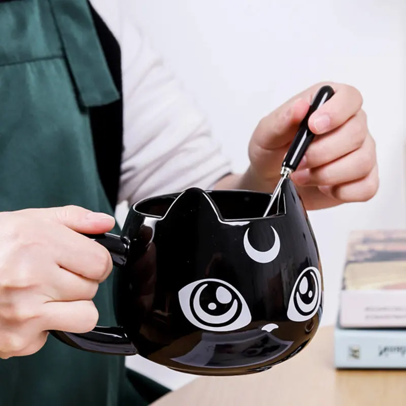 Керамические кофейные кружки с котом, классные чашки и кружки с ложкой, мультяшный знак, креативная посуда для напитков - Цвет: right handle