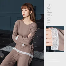 New modal lace women's Pajama Set simple, comfortable and skin friendly thin long sleeved pajamas women's home clothes