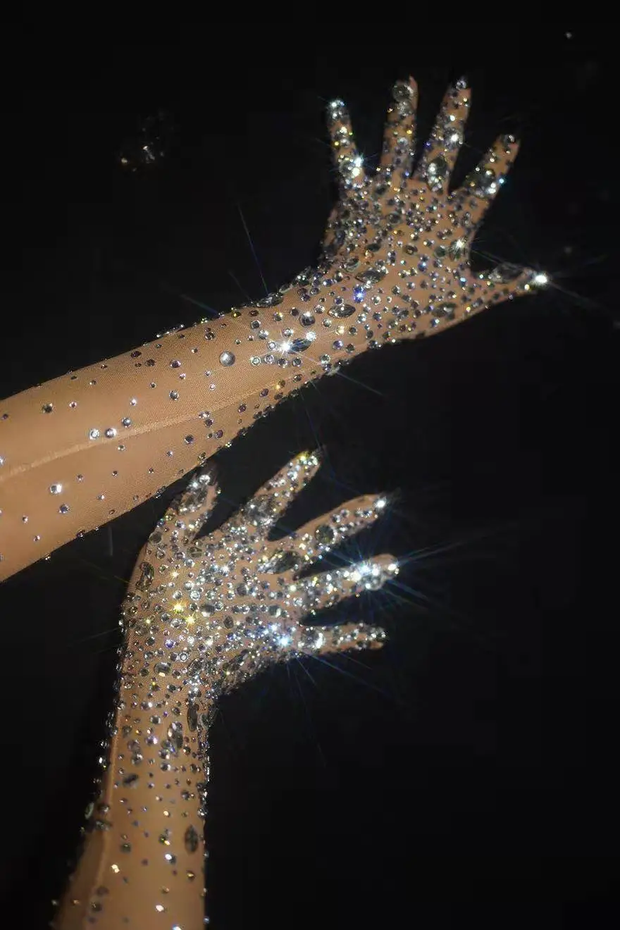 Luxurious Stretch Rhinestones Gloves Women Sparkly Crystal Mesh Long Gloves Dancer Singer Nightclub Dance Stage Show Accessories 
