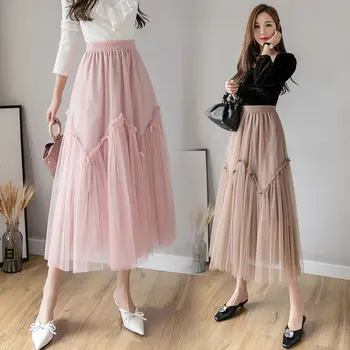 

Mesh Skirt Women 2020 Spring and Summer New Stitching Skirt Long High Waist Pleated A-line Skirt Elegant Ladies Tutu Saias R470