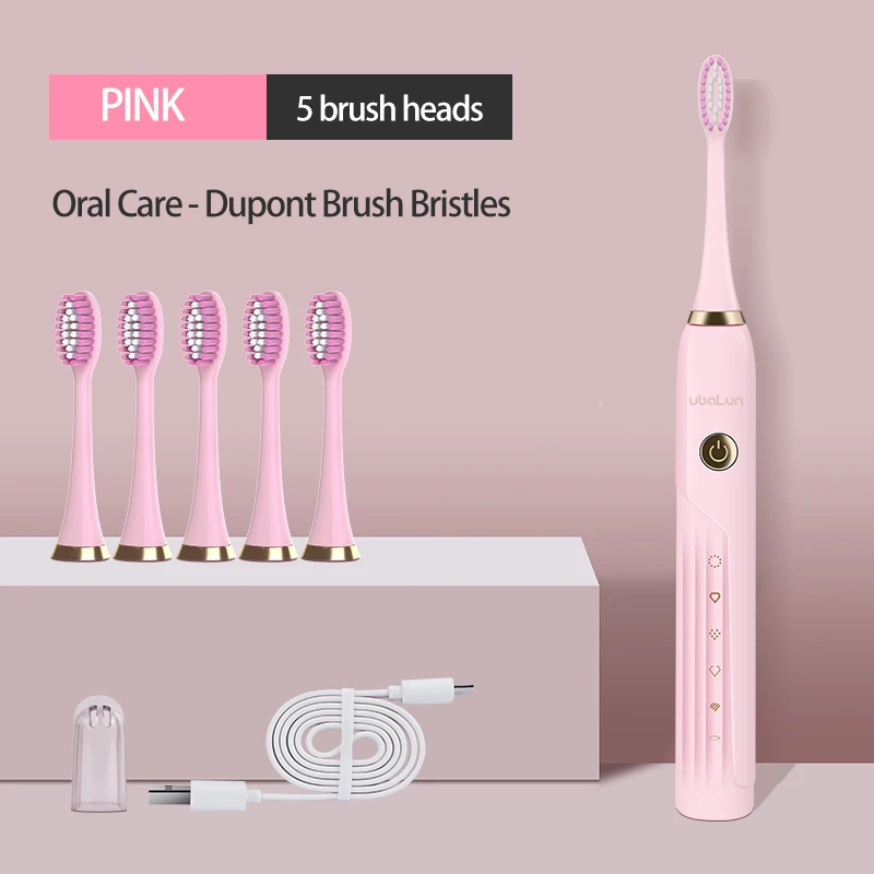 Dopunt PINK 5 HEADS UBALUN электрическая зубная щетка Магнитная подвеска электрическая перезаряжаемая зубная щётка ультра звуковая электрическая зубная щетка 5 8 насадок - Цвет: Dopunt PINK 5 HEADS