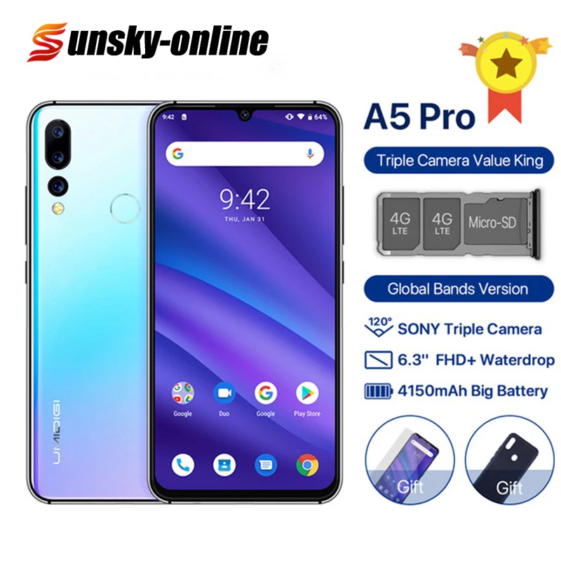 Смартфон Global Dual 4G UMIDIGI A5 Pro с 6 3 дюймовым дисплеем ОЗУ 4 Гб ПЗУ 32 ГБ Android 9 0 16 МП 4150
