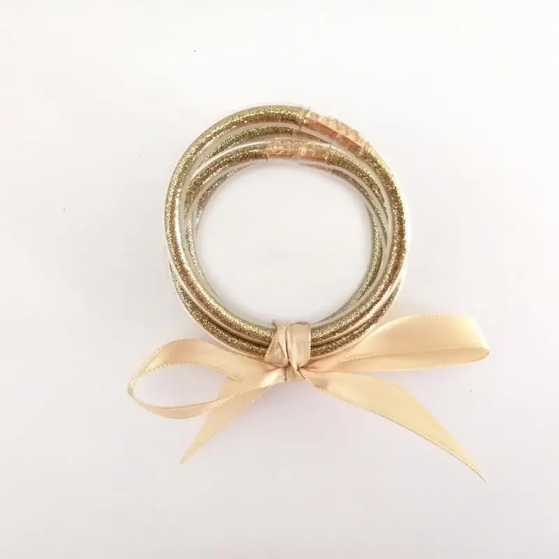 

45*45MM Rainbow Glitter Bowknot Bangles Set for 0-4 year old kids Stack Silicone Circle Glaring Small Size Bangles 5 Pcs/ Set