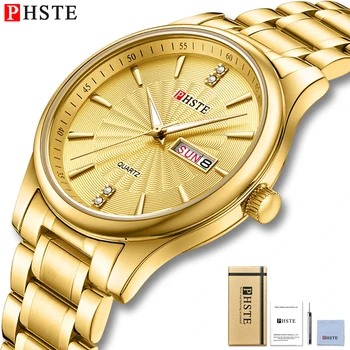 

PHSTE Brand Luxury Mens Watch Quartz Japan Movt Day Date Waterproof Gold 316L Stainless Steel Band Dress Male Wrist Watch Golden