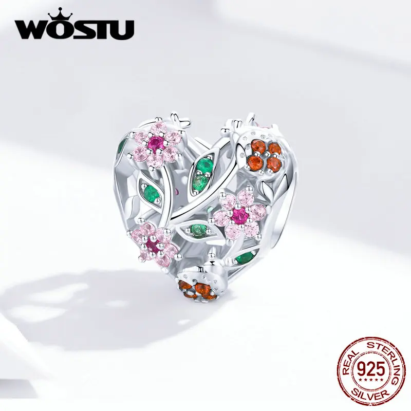 WOSTU 925 пробы серебряные божьи коровки и цветы СЕРДЦЕ бусины розовый Циркон Шарм Подходит браслет ожерелье Модные украшения FNC117