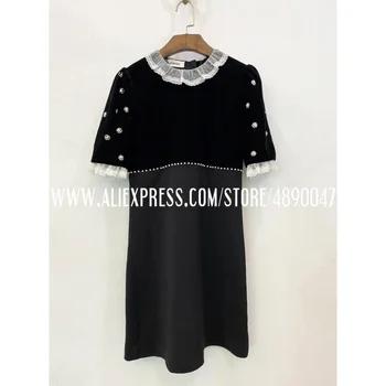 

Elegant women's retro dress 2020 spring and summer new fashion women's solid color sleeved banquet dress round neck beaded dress