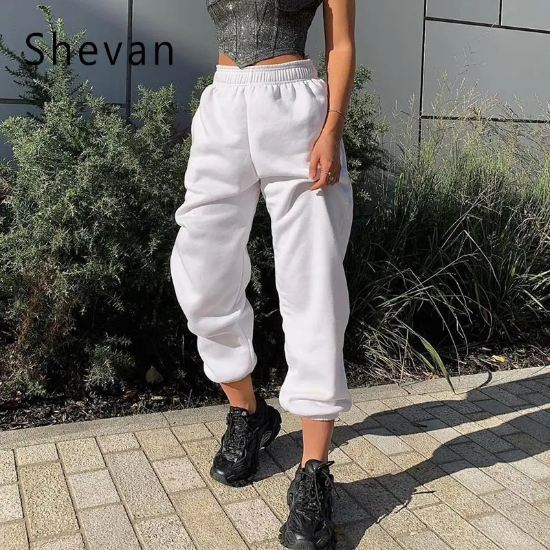 

Shevan Women Elastic Pants Casual Streetwear Cotton High Waist JoggersWide Legs Leisure Teen Solid Gray Black White Harem Pants