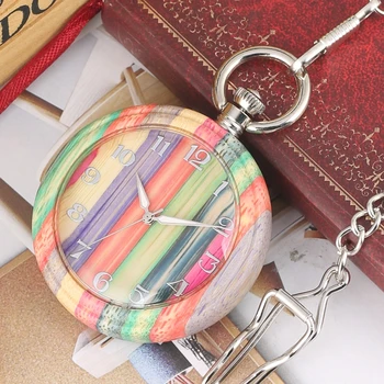 

Unique Colorful Bamboo Wood Quartz Pocket Watch Luminous Needle Environmental Protection Natural Ecological Carbonized FOB Clock