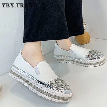 

Women's Flats Rhinestone Pu Leather 2020 Autumn Shoes Woman Platform Sewing Platform Crystal Female Comfort Loafers Plus Size