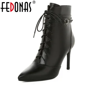 

FEDONAS Short Boots Women Genuine Leather Ankle Boots Women Autumn Winter Cross Tied Side Zipper Boots Party Basic Shoes Woman