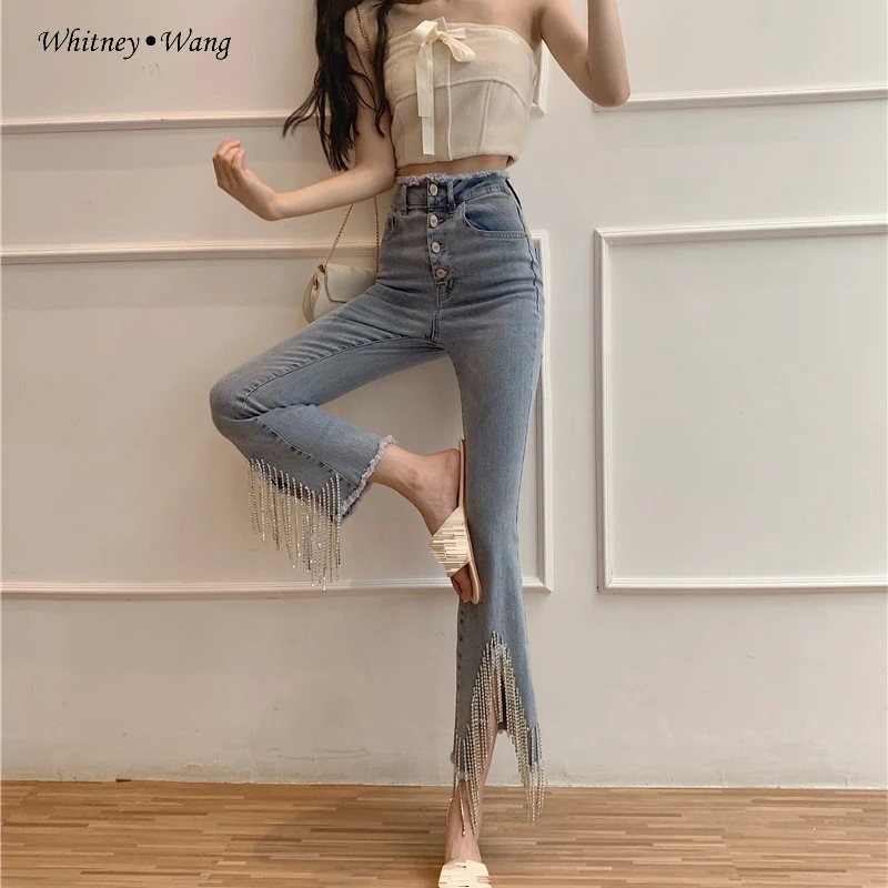 WHITNEY WANG,, Весенняя мода, уличная одежда, бриллианты, бахрома, расклешенные джинсы, женские стильные джинсовые штаны - Цвет: Синий